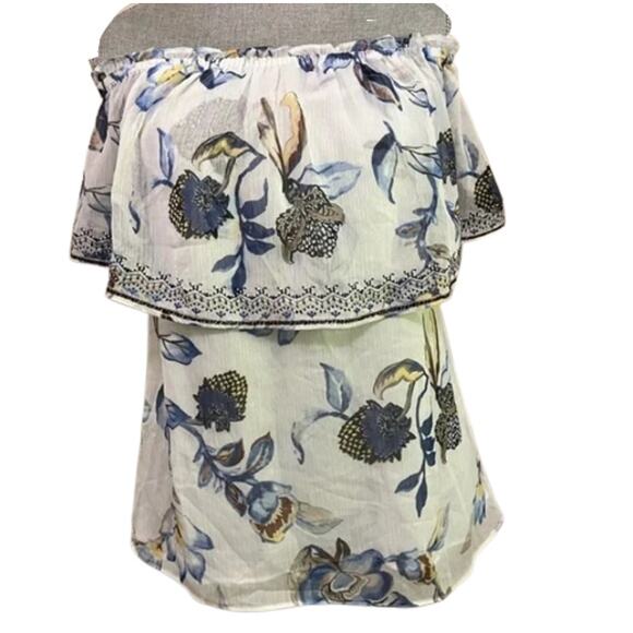 WHITE HOUSE BLACK MARKET White Blue Floral Off-Shoulder Beaded Boho Top Size XXS - Picture 2 of 16